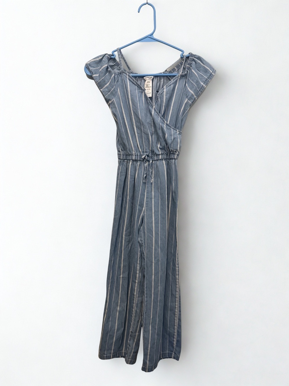 Bebe Girls Blue & White Stripe Flutter Sleeve Wide Leg Jumpsuit